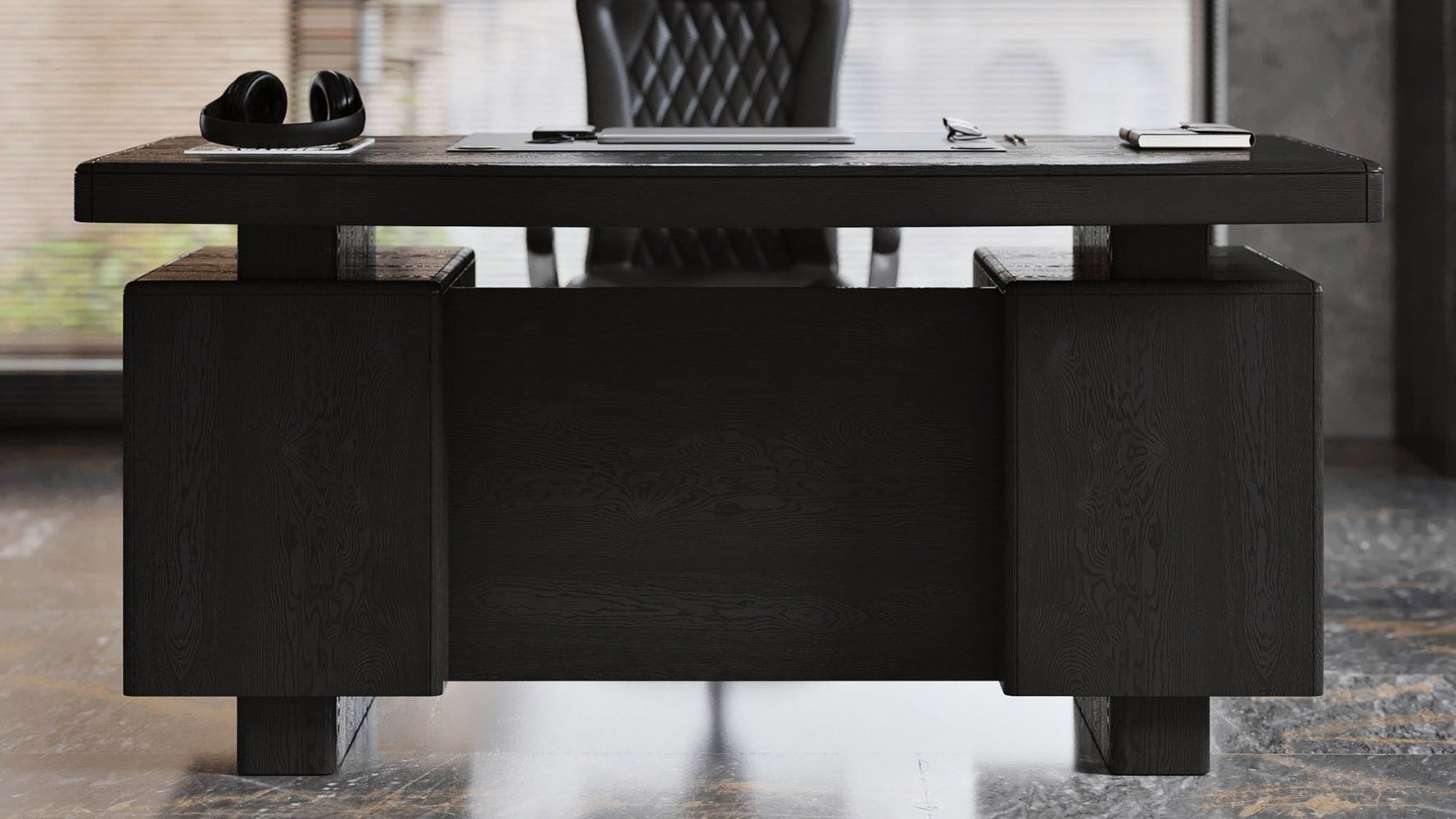 Black Finish Modern Office Desks Within Most Up To Date Monroe Black Wood Executive Desk (View 1 of 15)