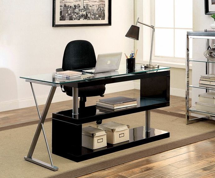 Black Glass And Dark Gray Wood Office Desks Intended For Preferred Cm Dk6131bk Bronwen Black Finish Wood And Glass Top L Shaped (View 9 of 15)