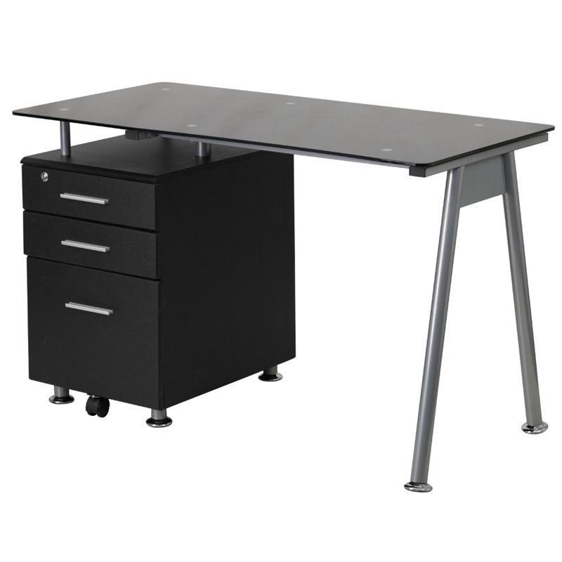 Black Glass And Dark Gray Wood Office Desks Throughout Preferred Flash Furniture 3 Drawer Glass Top Home Office Desk In Black – Nan Wk (View 15 of 15)