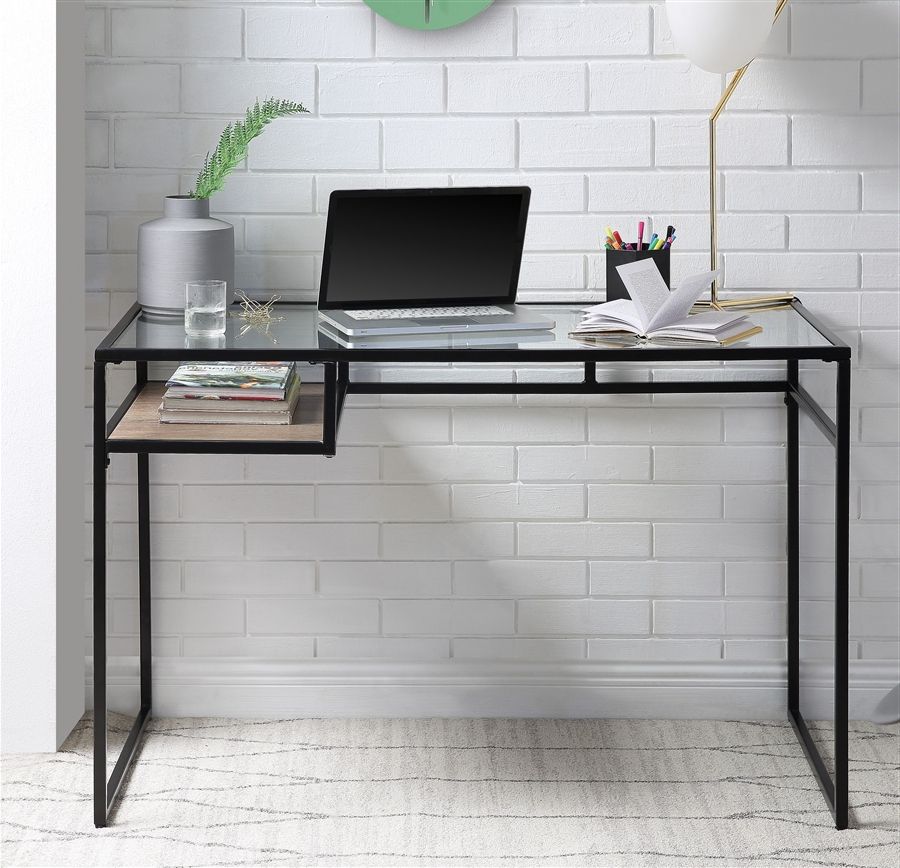 Black Glass And Natural Wood Office Desks Within Famous Yasin Executive Home Office Desk In Black & Glass Finishacme –  (View 13 of 15)