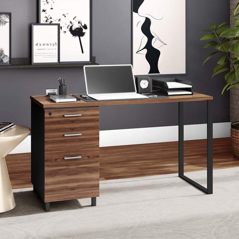 Black Glass And Walnut Wood Office Desks Intended For 2019 Milano 47 Inch Home & Office Computer Desk With 3 Detachable Locked (View 3 of 15)