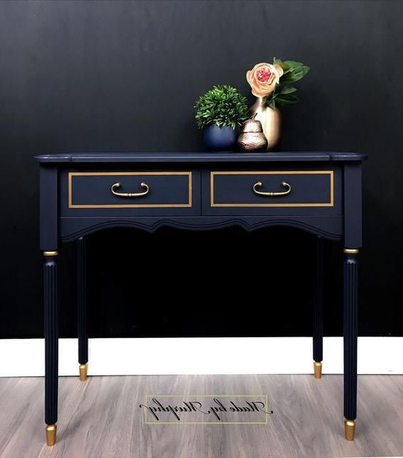 Blue And White Wood Campaign Desks With Famous Console Table In Navy With Coppered Gold Trim And 2 Drawers (View 2 of 15)
