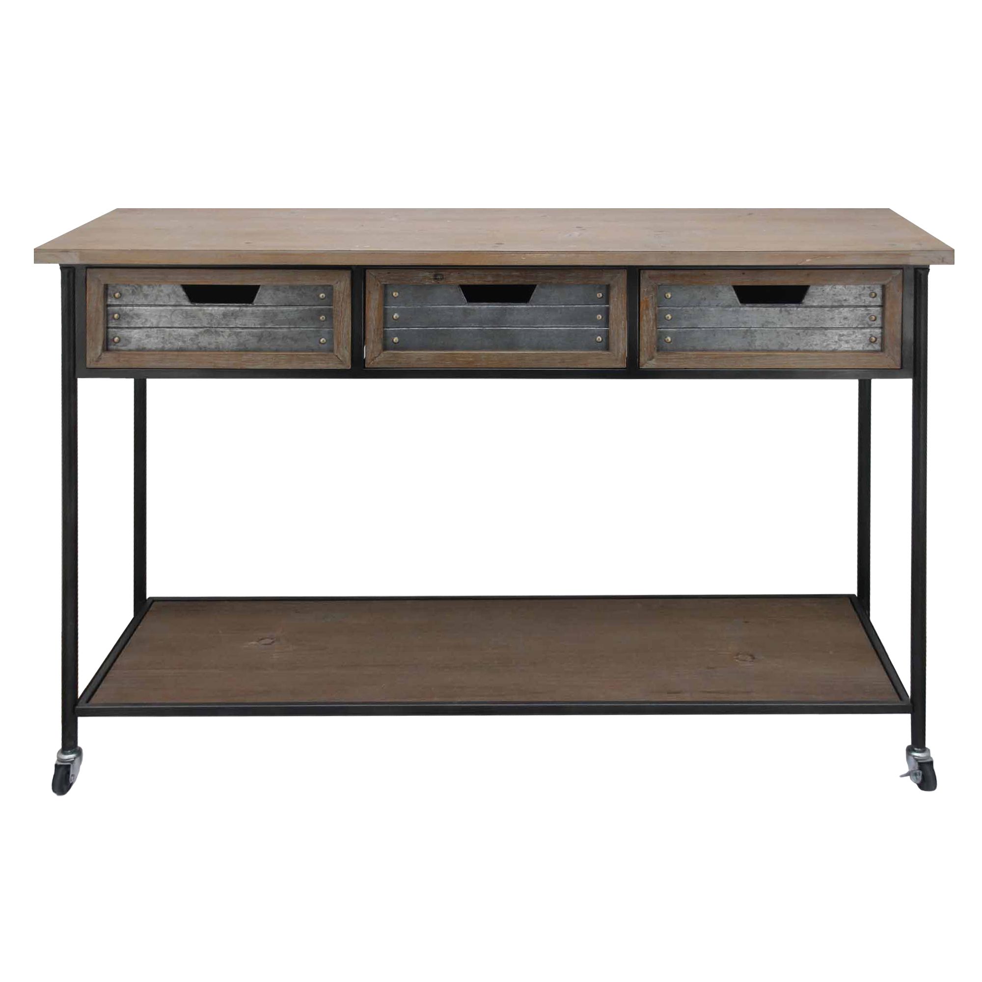 Brown And Matte Black 3 Drawer Desks Pertaining To Most Popular Caster Supported 3 Drawer Wood And Metal Console Table, Brown And Black (View 15 of 15)