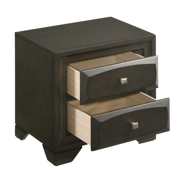 Brushed Nickel Accent And Chamfered Legs 2 Drawer Antique Gray Nightst In Best And Newest Brushed Antique Gray 2 Drawer Wood Desks (View 2 of 15)