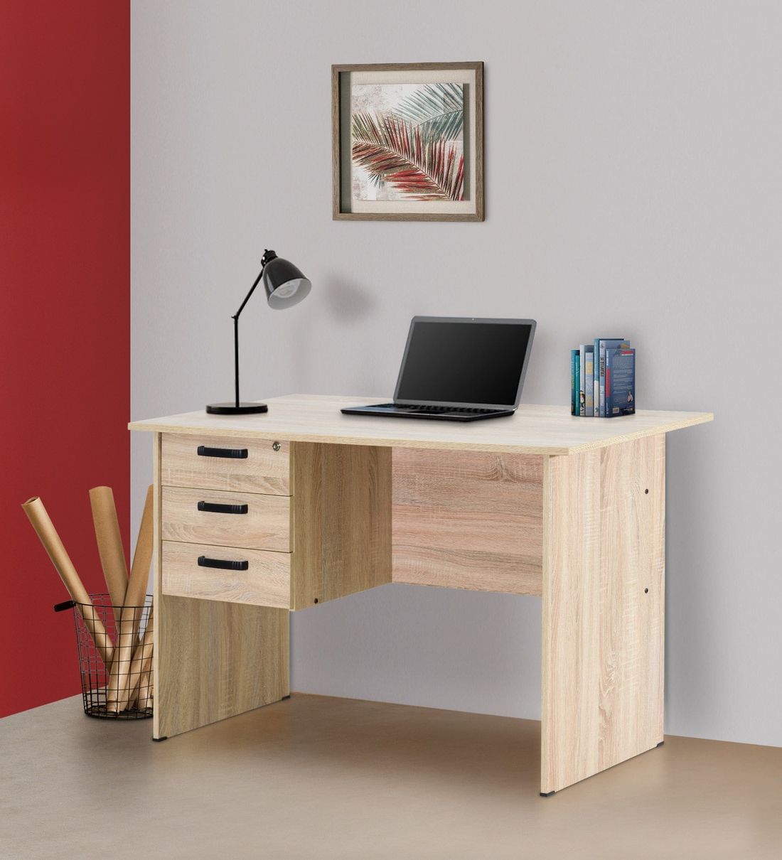 Buy Kuro Small Study Table With 3 Drawers In Sonoma Oak Finish Inside Popular Sonoma Oak Writing Desks (View 9 of 15)