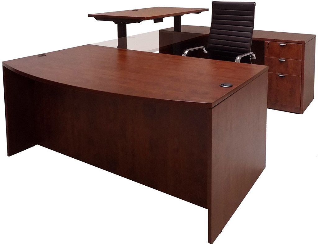Cherry Electric Lift Adjustable Height U Desk W/hutch Within Most Current Cherry Adjustable Laptop Desks (View 4 of 15)