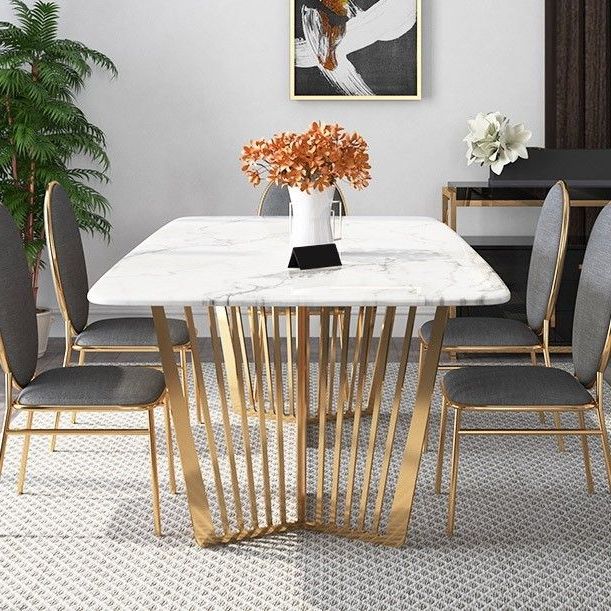 Contemporary 63" Rectangular Faux Marble Dining Table Gold Base Regarding Well Liked Glass And Gold Rectangular Desks (View 5 of 15)
