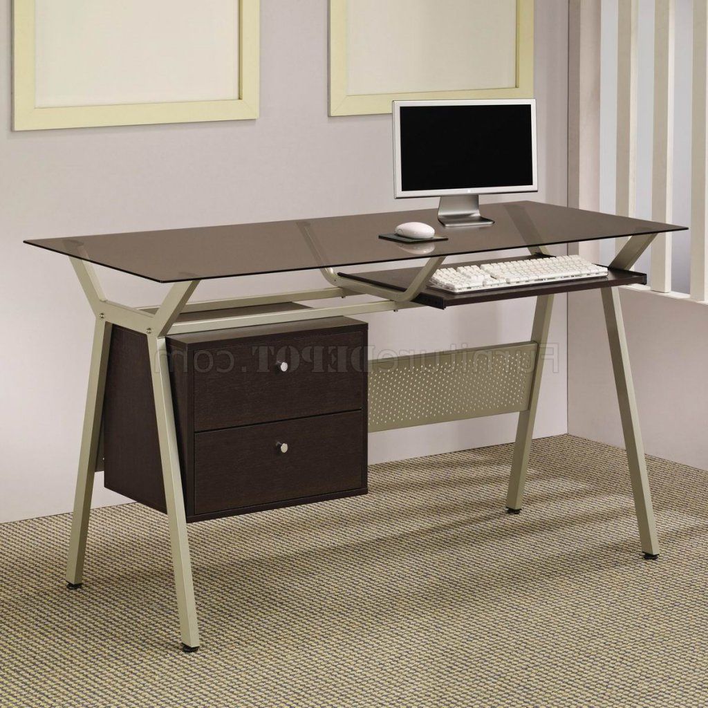 Current Metal And Glass Work Station Desks With Metal Base & Smoked Glass Modern Home Office Desk W/two Drawers (View 12 of 15)