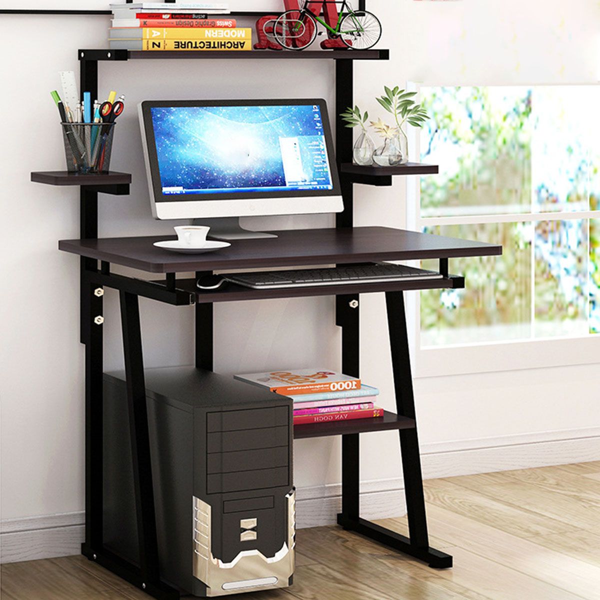 Current Small Computer Desk With Storage Shelves/keyboard Tray/side Shelf Study Within Matte Black Corner Desks With Keyboard Shelf (View 9 of 15)
