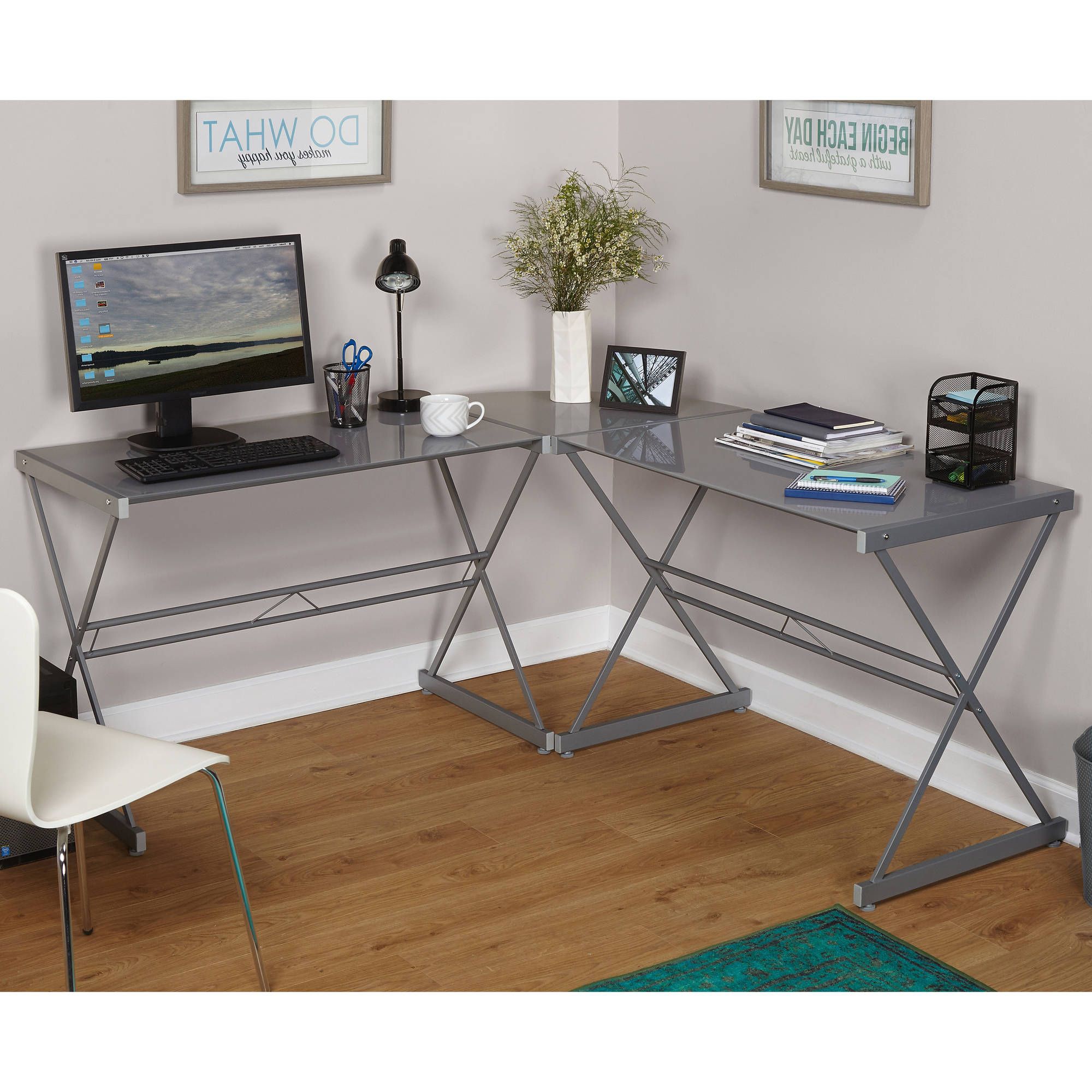 Deluxe Metal And Glass L Shaped Computer Desk, Multiple Colors Pertaining To Favorite Tempered Glass And Gold Metal Office Desks (View 2 of 15)