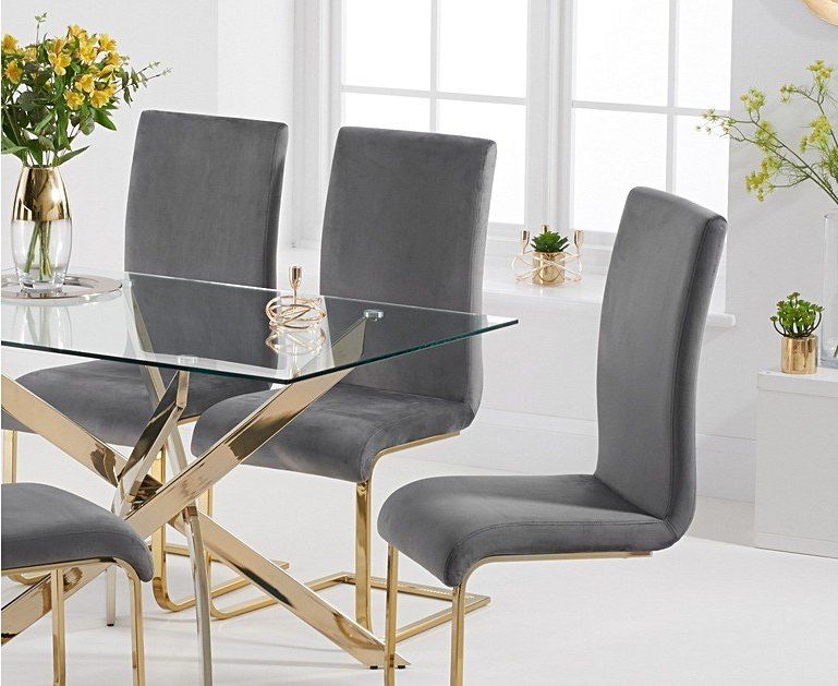 Denver 120cm Rectangular Gold Leg Glass Dining Table With Malaga Velvet Pertaining To Well Known Glass And Gold Rectangular Desks (View 14 of 15)