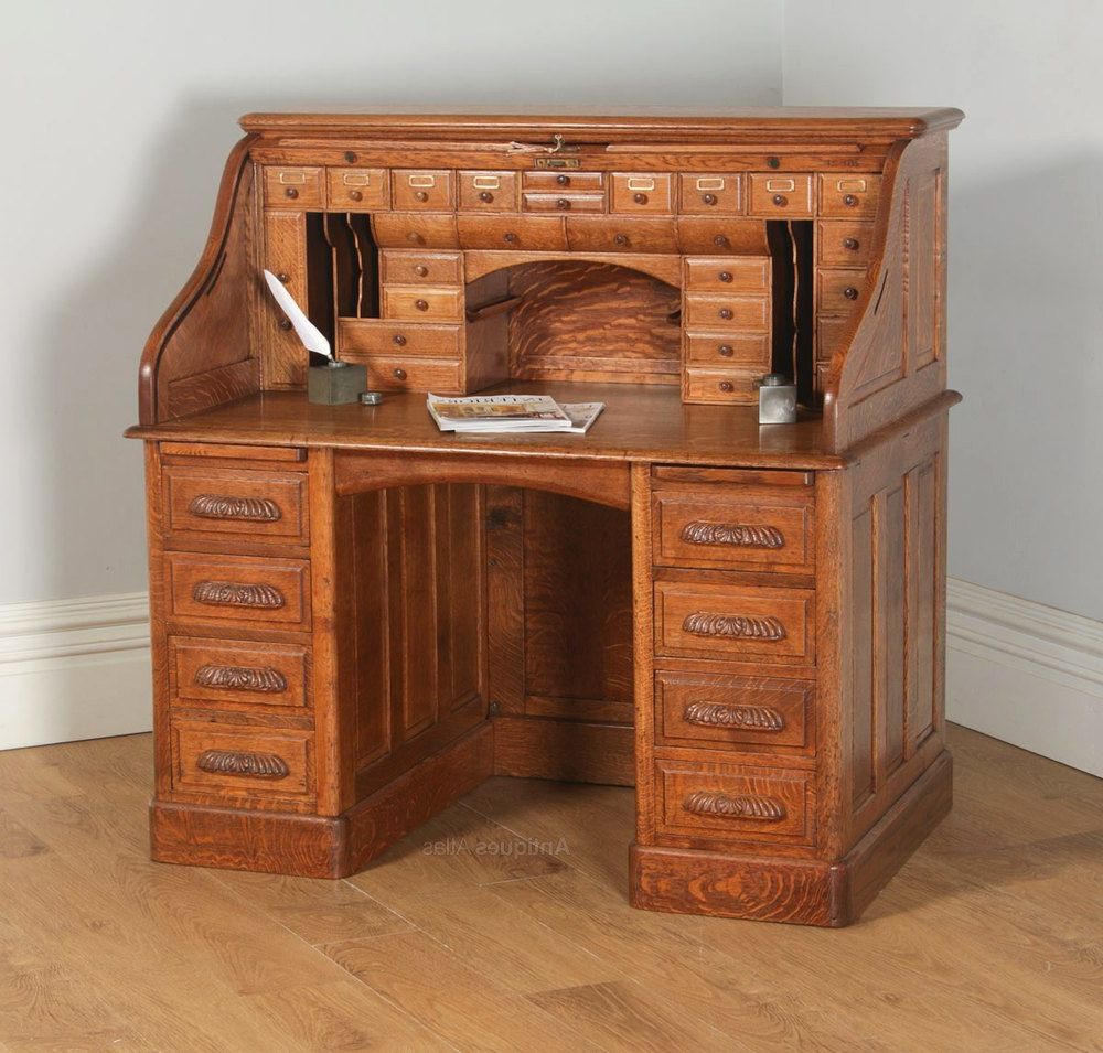 Edwardian 4ft 2" Oak Roll Top Office Writing Desk – Antiques Atlas Within Trendy Light Oak And White Writing Desks (View 4 of 15)