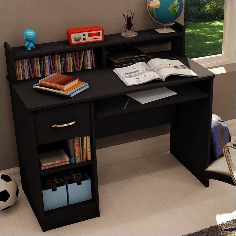Elm Wood Black Desks For Popular South Shore Axess Small Wood Computer Desk With Hutch In Pure Black (View 3 of 15)