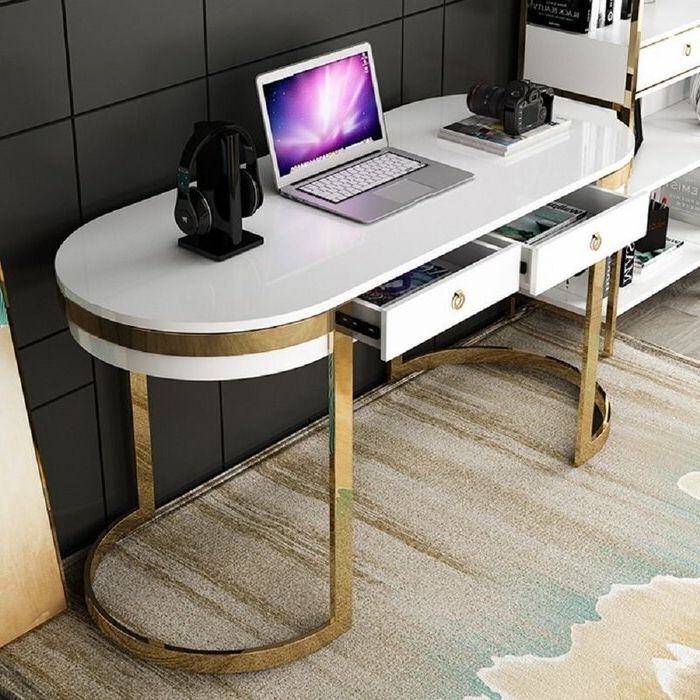 Everly Quinn White/black Office Desk Modern 55" Gold Writing Desk With In Well Liked Black And Gray Oval Writing Desks (View 7 of 15)