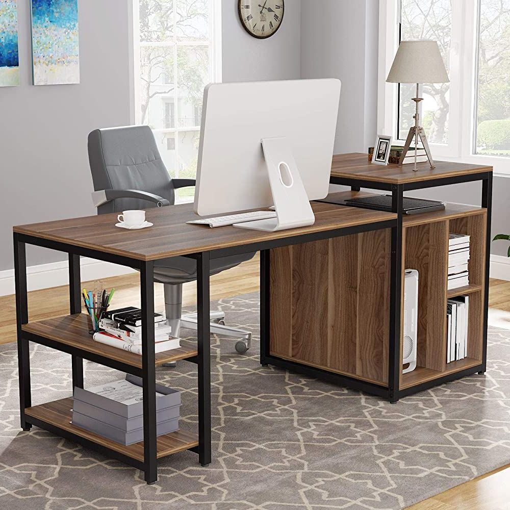 Famous Buy Tribesigns Computer Desk With Storage Shelf, 47 Inch Home Office Pertaining To Walnut Brown 2 Shelf Computer Desks (View 4 of 15)