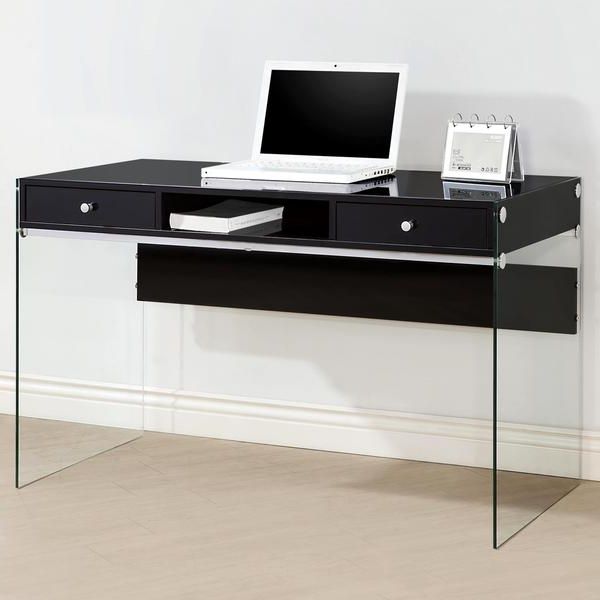 Famous Contemporary Modern Style Glass Home Office Glossy Black Computer Regarding Black And Silver Modern Office Desks (View 5 of 15)