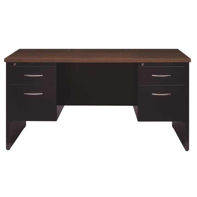 Famous Hirsh Industries Modular Double Pedestal Desk In Black And Walnut – 20533 Regarding Black Glass And Walnut Wood Office Desks (View 6 of 15)