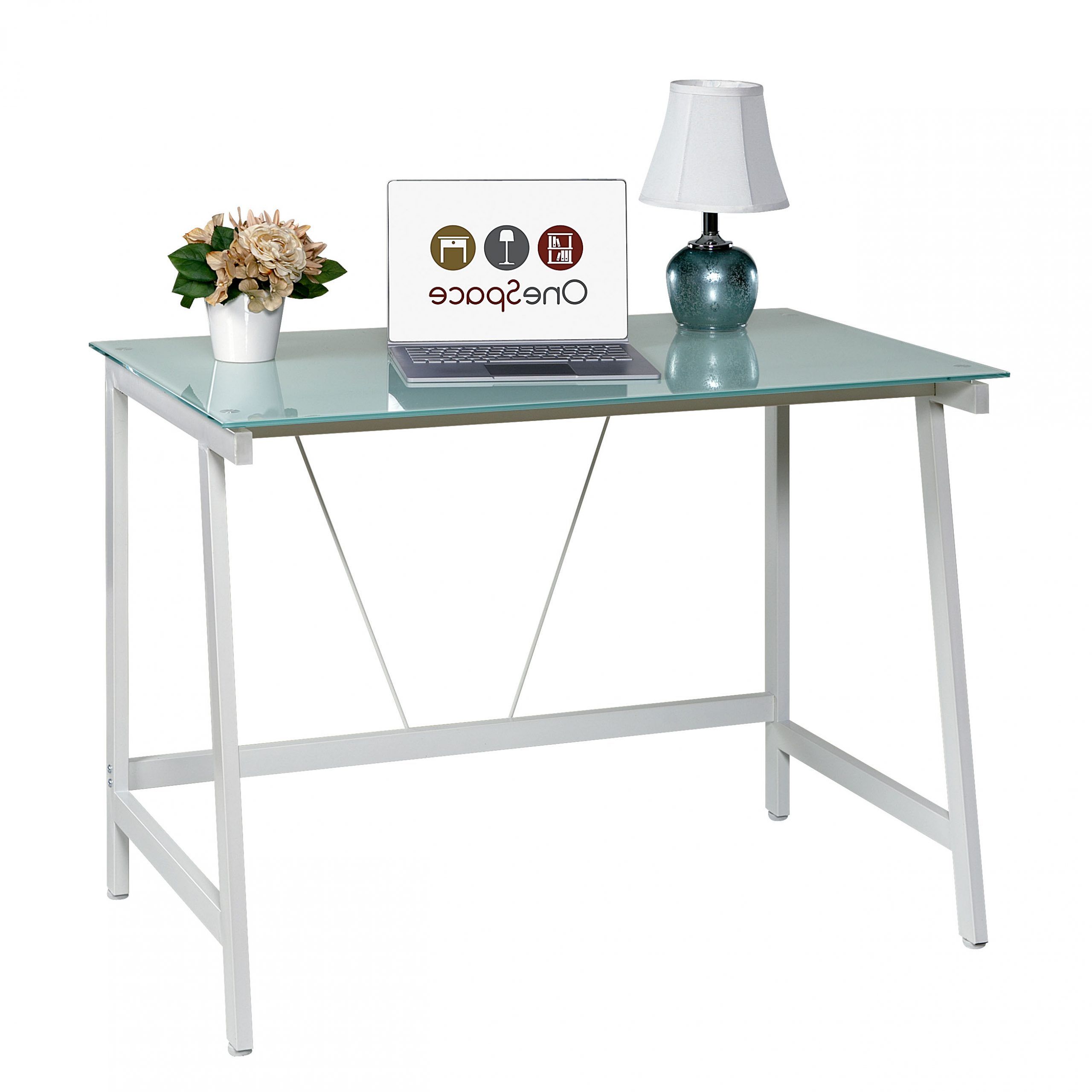Famous Onespace 50 Hd0107 Contemporary Glass Writing Desk, Steel Frame, White Inside Glass And Walnut Modern Writing Desks (View 1 of 15)
