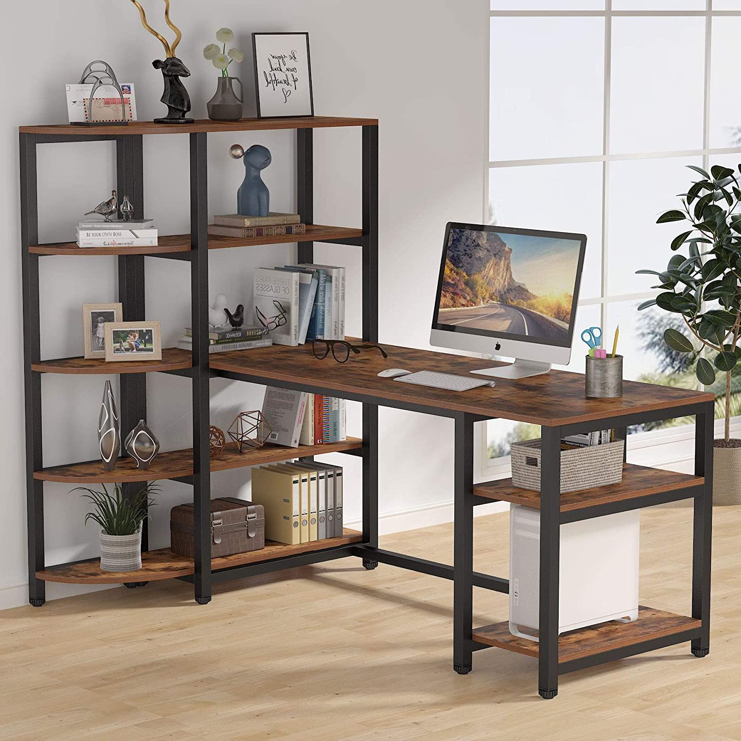 Fashionable Executive Desks With Dual Storage With Industrial Computer Desk With 5 Tier Storage Shelves, 67 Inch Large (View 13 of 15)