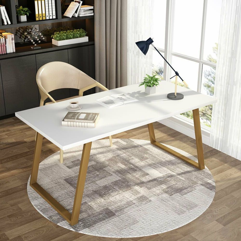Fashionable Gray And Gold 2 Drawer Desks Within Minimalist 55''l Writing Desk With Slanted Gold Metal Frame White (View 9 of 15)