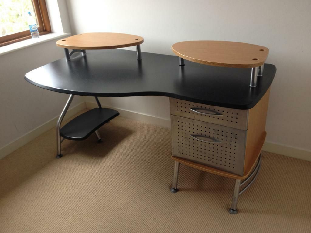 Fashionable Hwhite Wood And Metal Office Desks In Contemporary Office Desk In Wood/silver Metal With 2 Drawers One Filing (View 5 of 15)