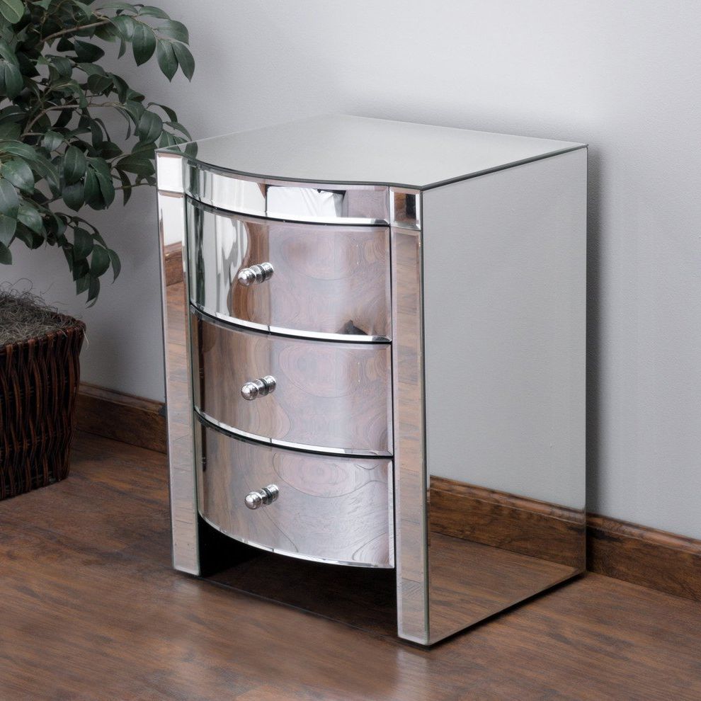 Fashionable Small Mirrored Nightstand Bedside Glam Accent Chest 3 Rounded Drawers With Regard To 3 Drawer Mirrored Small Desks (View 2 of 15)