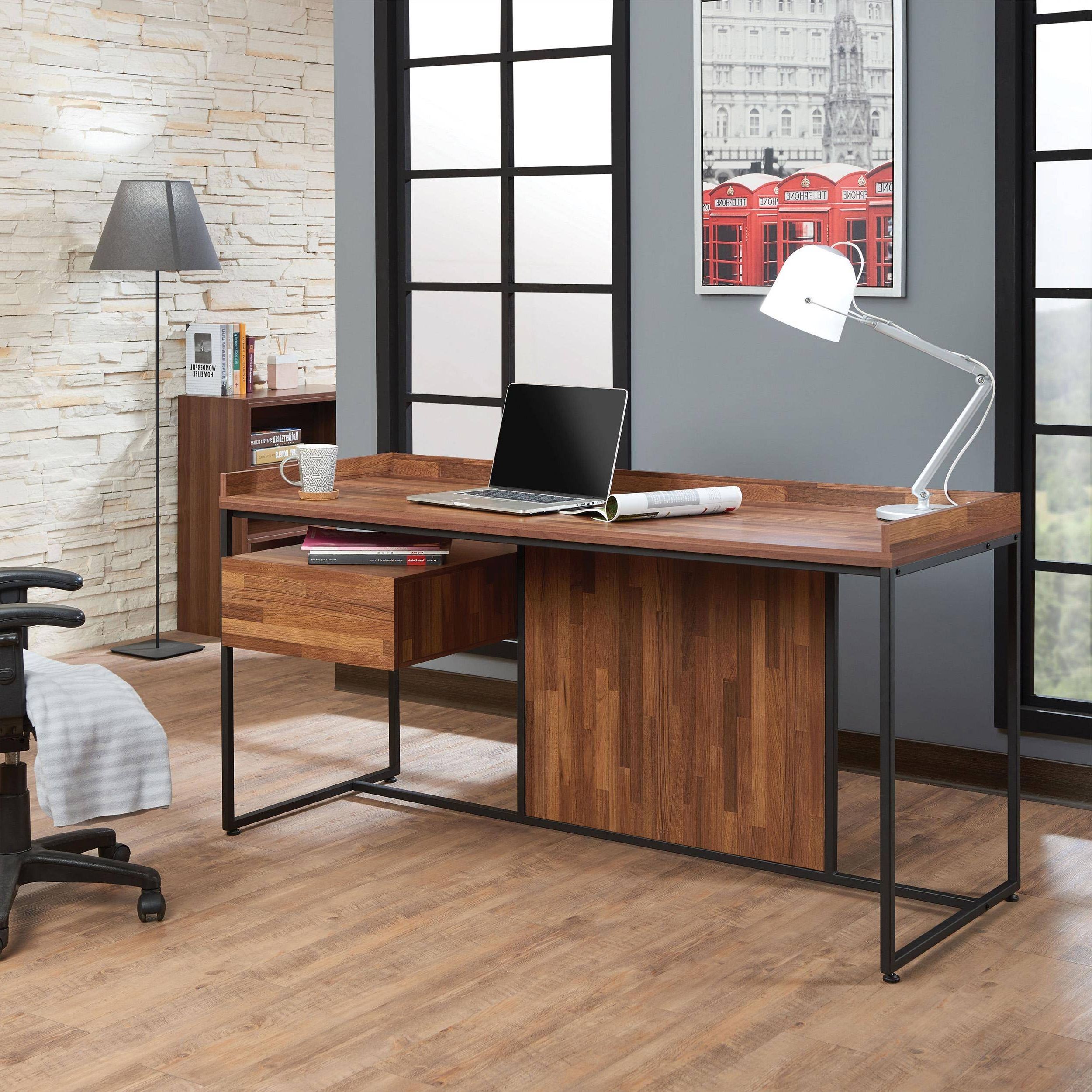 Fashionable Walnut Wood And Black Metal Office Desks With Home Office Computer Desk Walnut & Sandy Black 92445 Sara Acme (View 1 of 15)