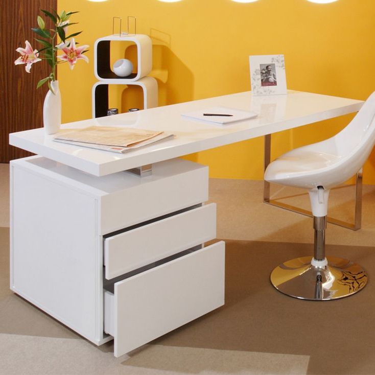 Fashionable White Finish Glass Top Desks Within White Office Desk With Storage – Designer Retro – Modern Glass Uk (View 10 of 15)