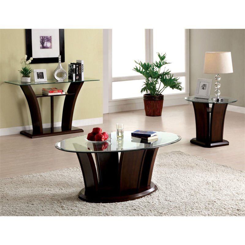 Furniture Of America Lantler 3 Piece Glass Coffee Table Set In Dark Intended For Most Up To Date Dark Walnut Desks And Chair Set (View 11 of 15)