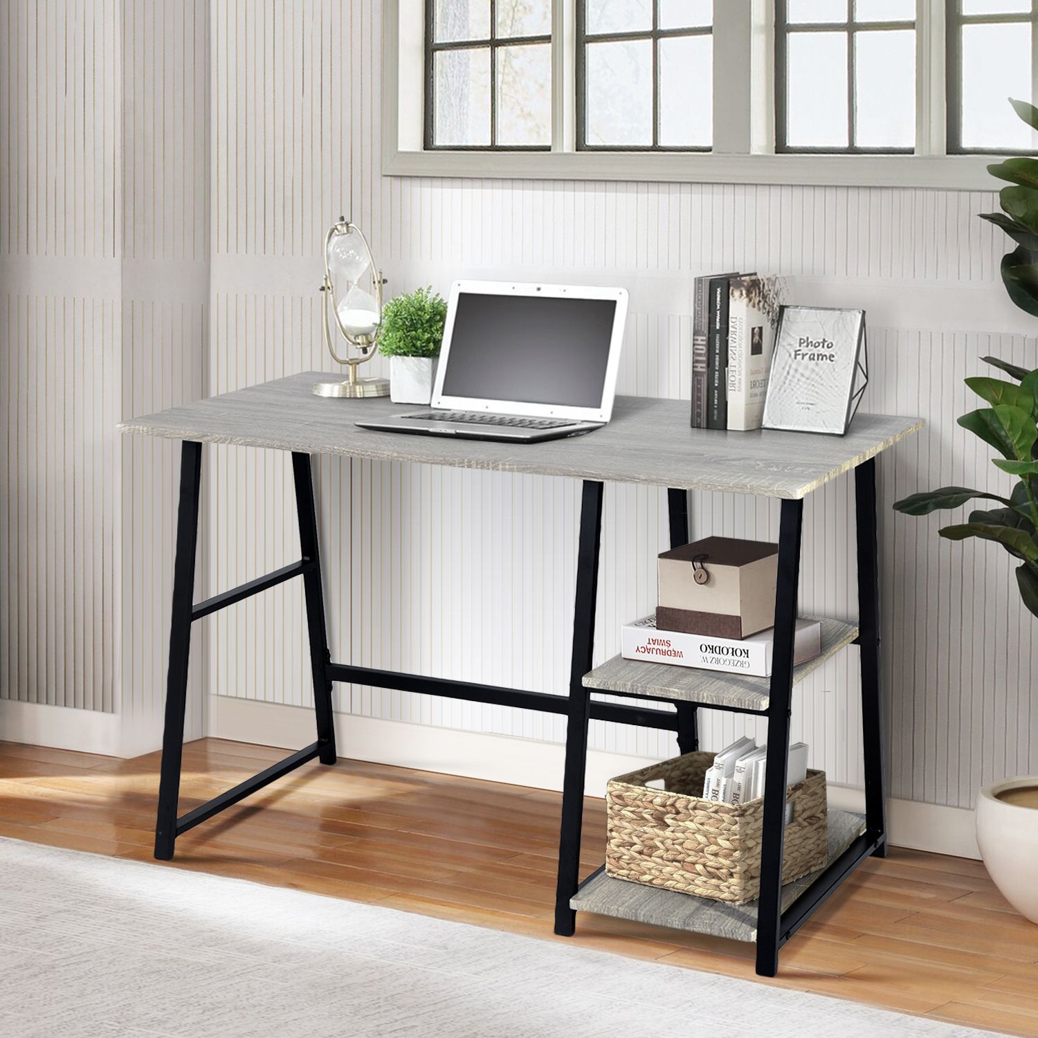 Furniturer Modern Computer Writing Desk With 2 Storage Shelves, Grey With Most Current Black And Gray Oval Writing Desks (View 13 of 15)