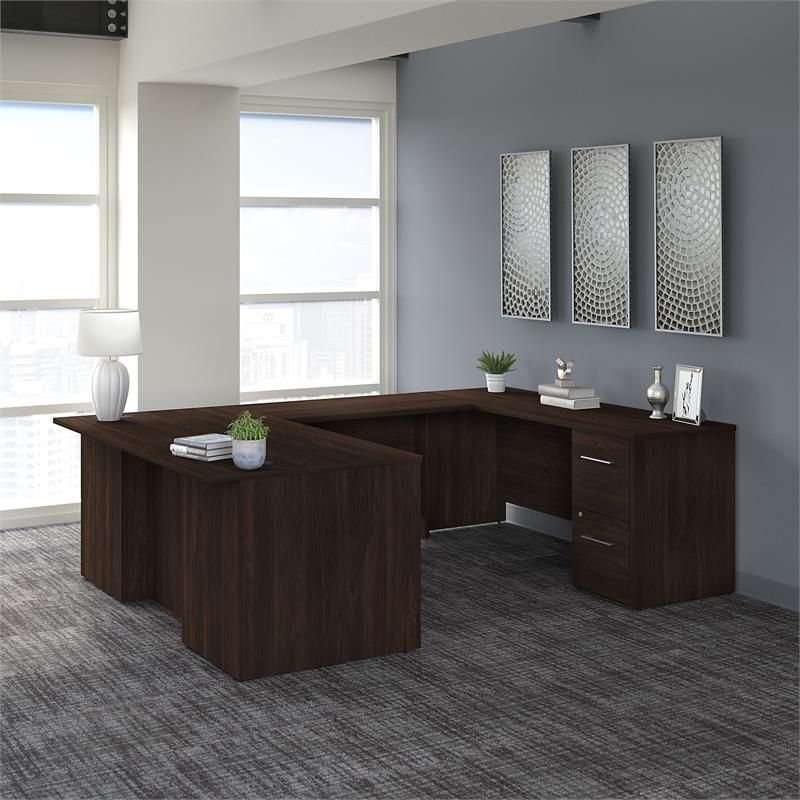 Glass Walnut Wood And Black Metal Office Desks In Popular Office 500 72w U Shaped Desk With Drawers In Black Walnut – Engineered (View 13 of 15)
