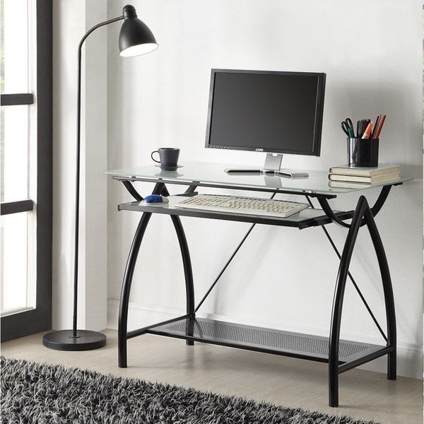 Glass White Wood And Black Metal Office Desks Regarding 2019 Black Metal Glass Top Desk With Keyboard Tray – 16291531 – Overstock (View 7 of 15)
