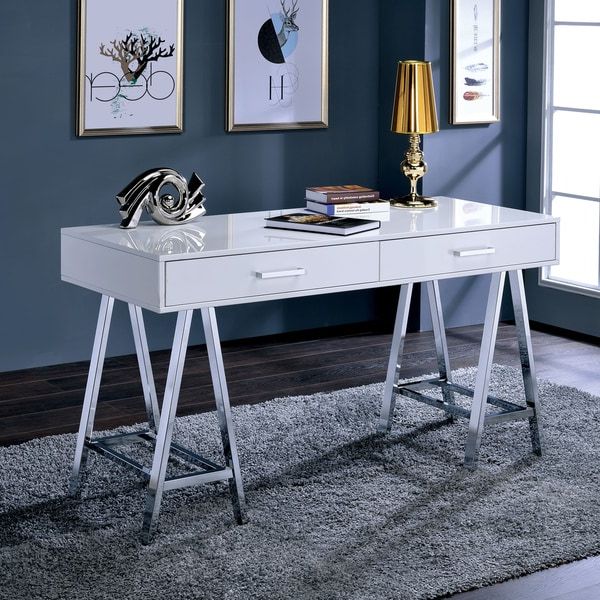 Glossy White And Chrome Modern Desks Intended For Popular Shop Furniture Of America Beya Modern 54 Inch Gloss Angled Writing Desk (View 6 of 15)