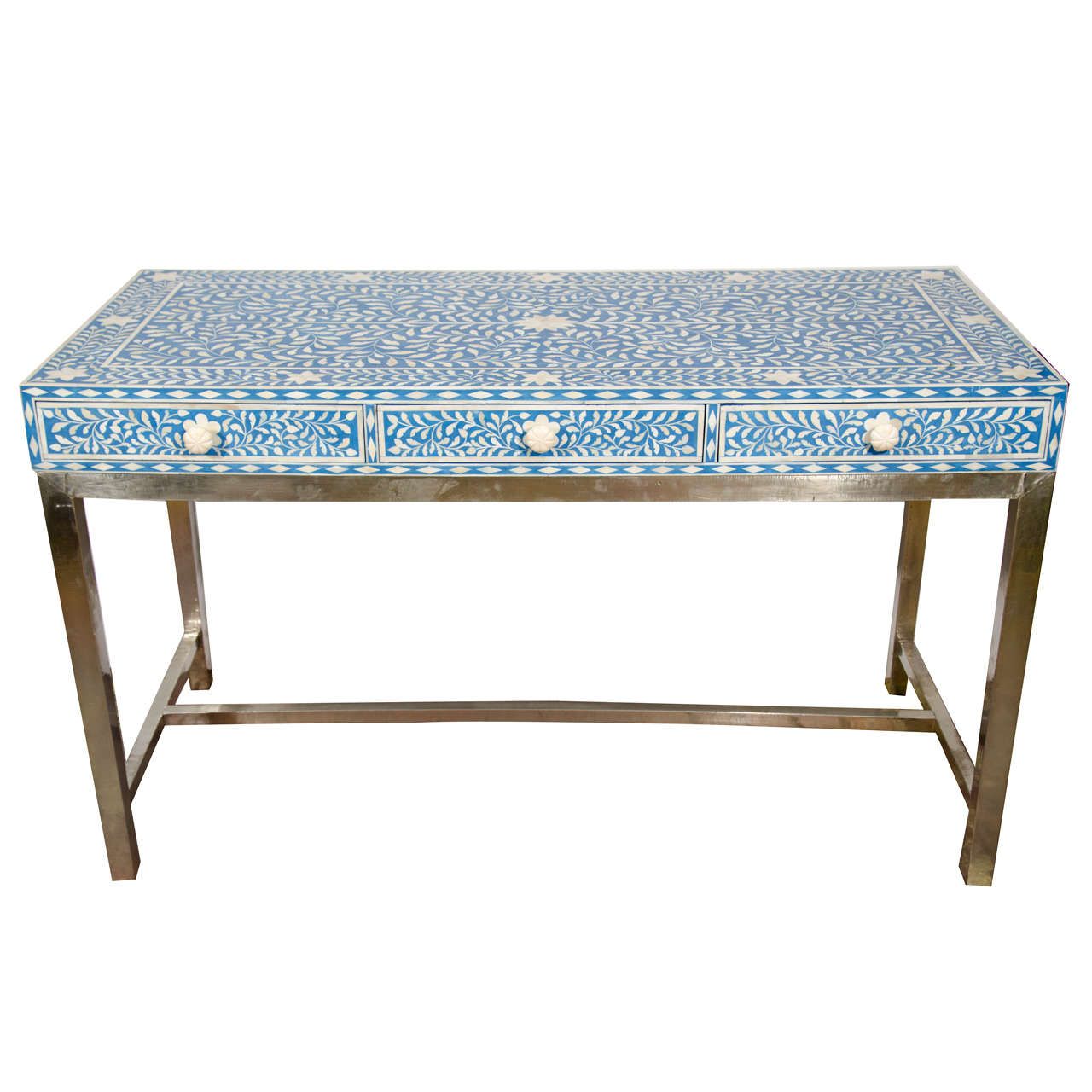 Gold And Blue Writing Desks In Most Current Indian Bone Inlay Blue And White Writing Desk With White Metal Base At (View 11 of 15)