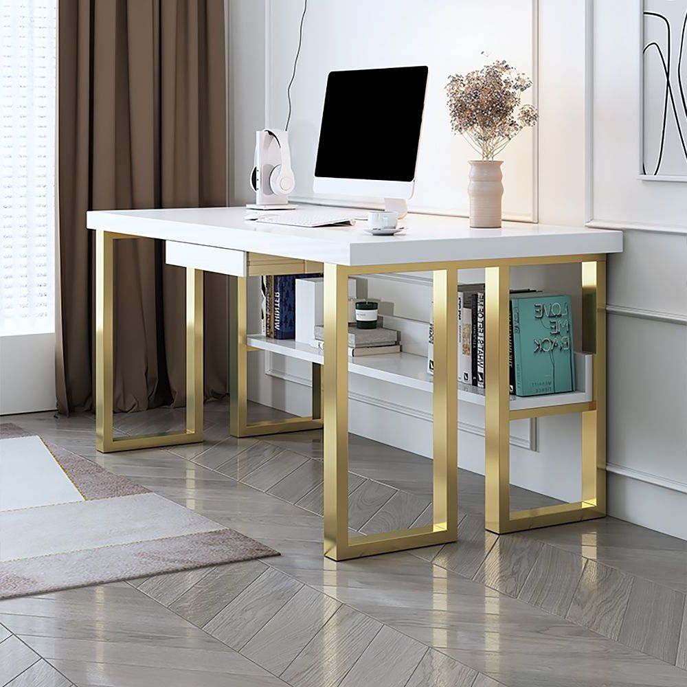 Gold And Olive Writing Desks Regarding 2019 39" White&gold Rectangular Computer Desk With Drawer Office Desk (View 10 of 15)
