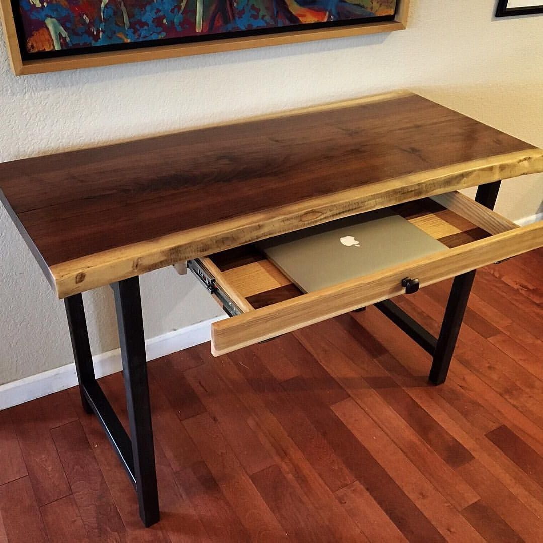 Hand Crafted Walnut Live Edge Desk With Hand Forged Metal Legs And With 2018 Glass White Wood And Walnut Metal Office Desks (View 8 of 15)