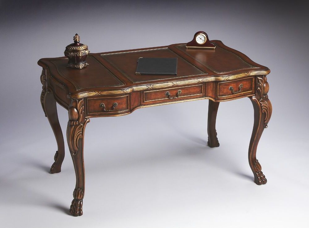 Hand Rubbed Wood Office Writing Desks With Regard To Well Known Elegant Writing Desk Hand Carved Details Rich Brown Finish Gold Details (View 6 of 15)