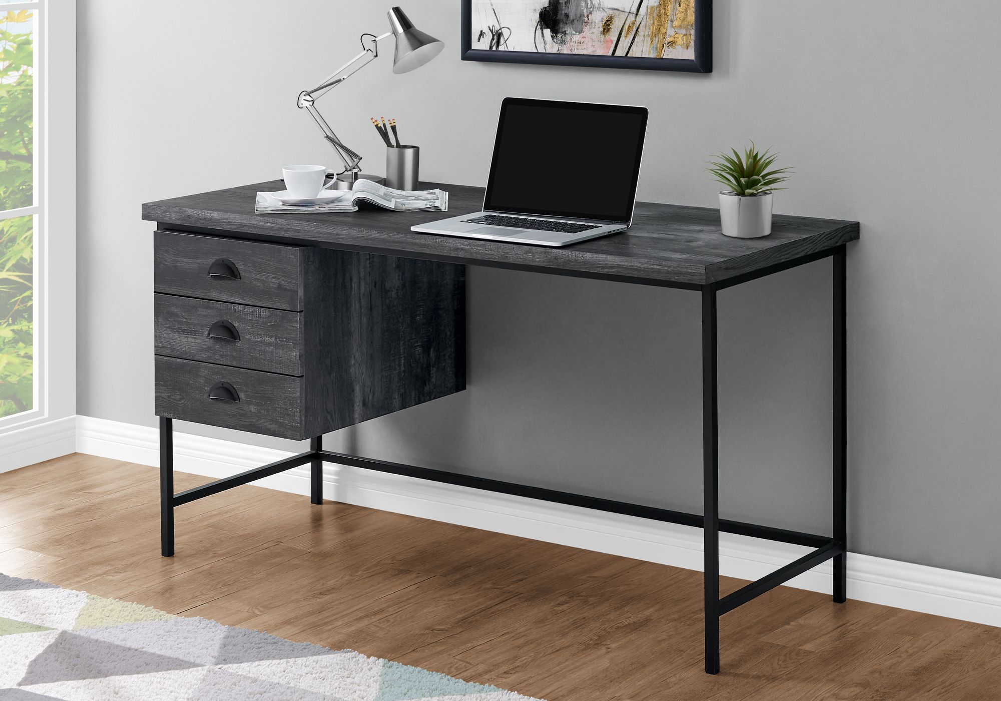 I 7488 – Computer Desk – 55"l / Black Reclaimed Wood / Black Metal Within Most Recently Released Natural Wood And White Metal Office Desks (View 7 of 15)