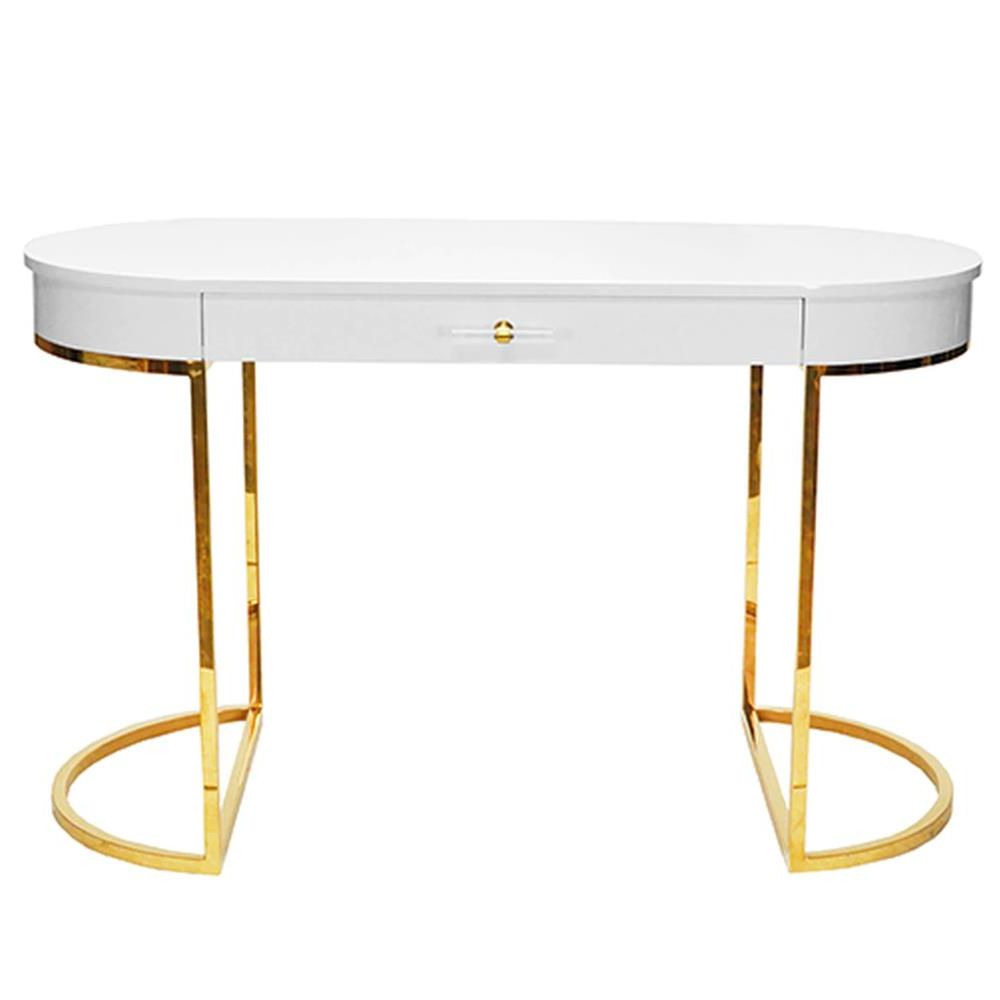 Lacquer And Gold Writing Desks Pertaining To Most Recently Released Mandy Modern Classic Brown White Lacquered Tabletop Gold Frame Oval Desk (View 4 of 15)