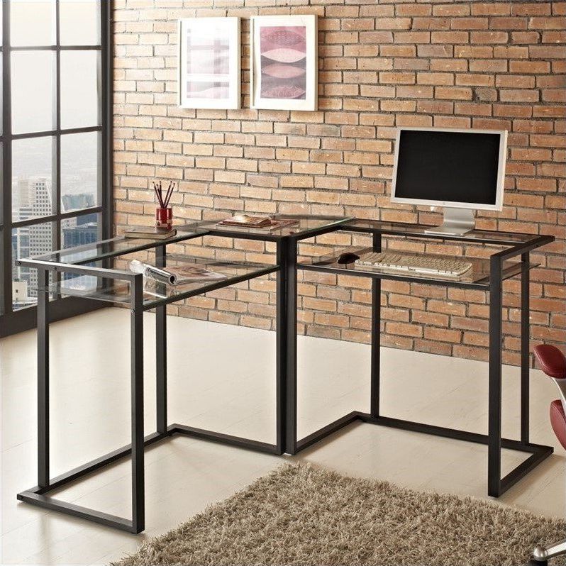 Large Frosted Glass Aluminum Desks Pertaining To 2018 C Frame Glass And Metal L Shaped Computer Desk In Black – D56c33cb (View 4 of 15)