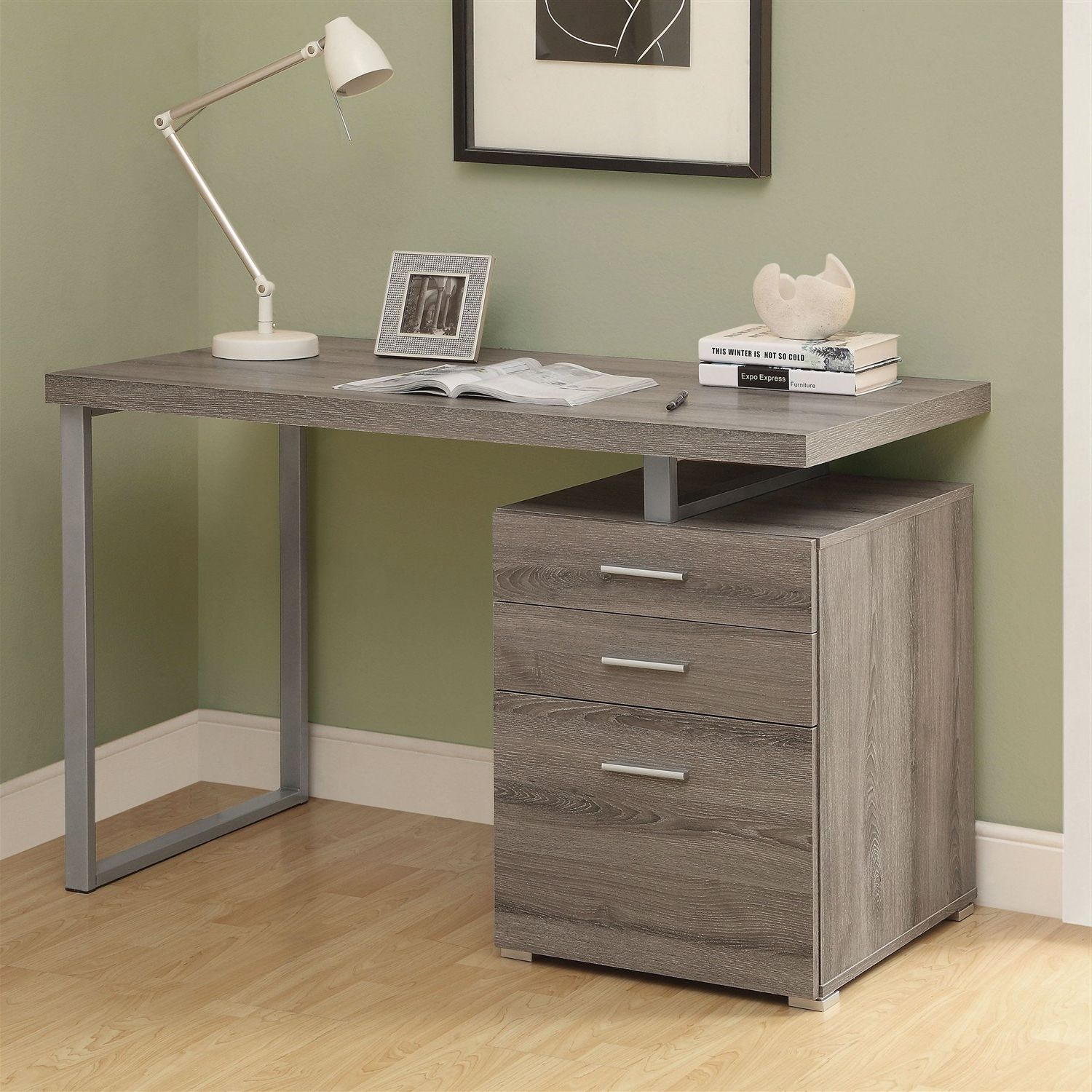 Latest Left Facing Shelf Gray Modern Desks In Modern Left Or Right Facing Home Office Computer Desk In Dark Taupe (View 2 of 15)