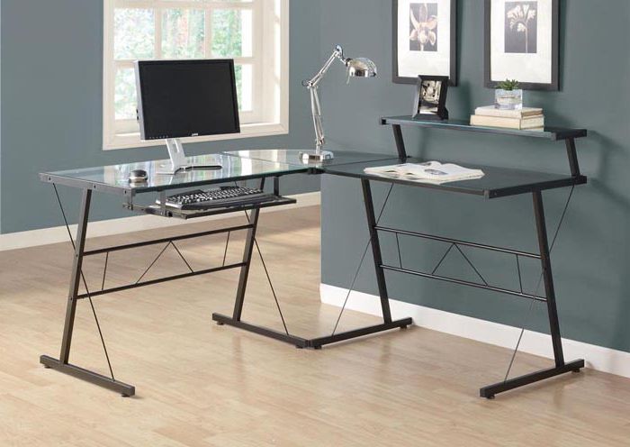 Latest Metal And Glass Work Station Desks Within I 7172 – Black Metal L Shaped Computer Desk With Tempered Glass (View 15 of 15)