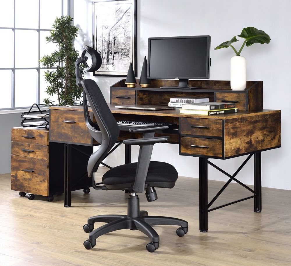 Latest Safea Weathered Oak Wood/black Metal 5 Drawer Office Deskacme With Black And Cinnamon Office Desks (View 8 of 15)