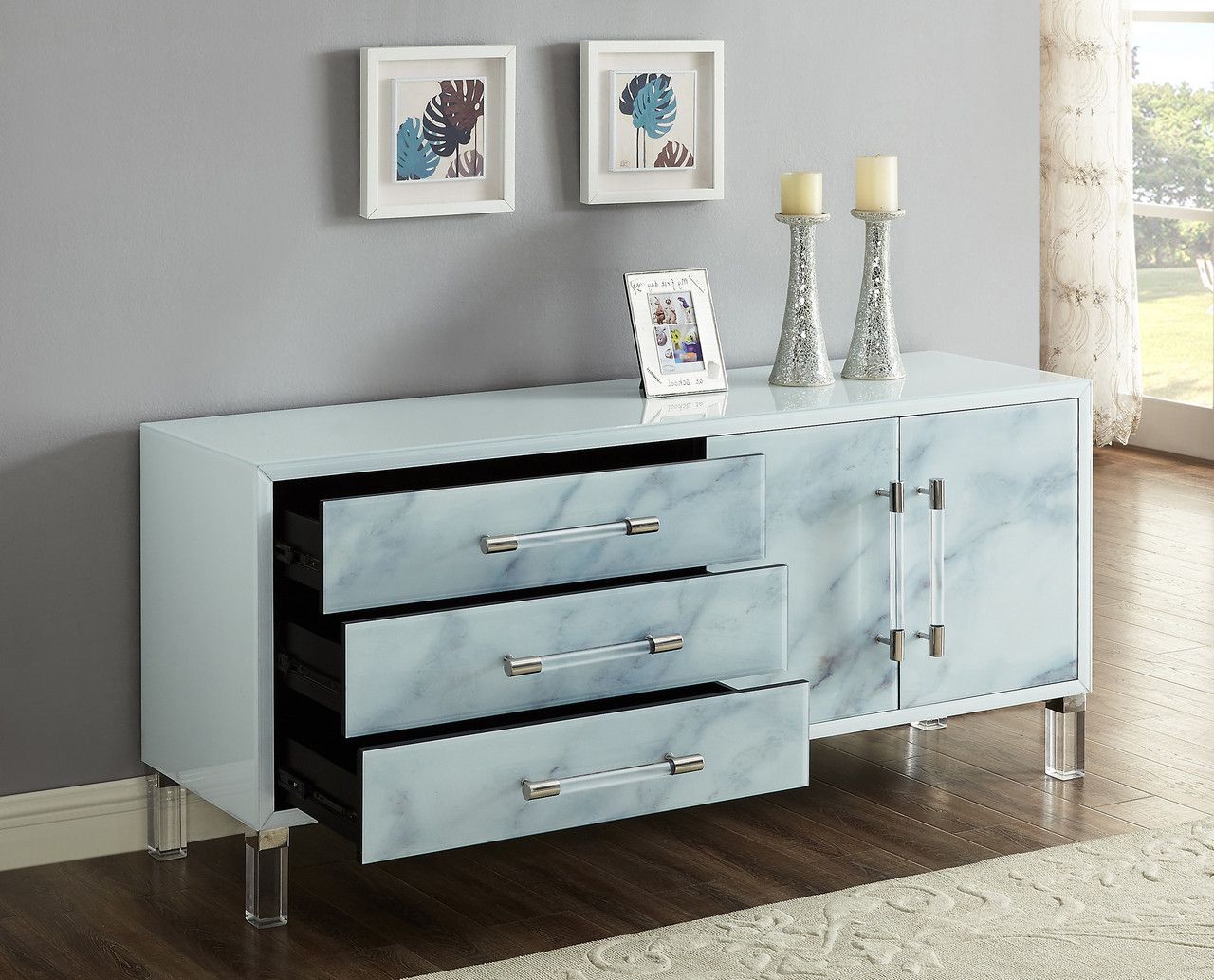 Latest Sloane Contemporary Glass Marble Carrera Sideboard With Acrylic Handles In Modern Sideboards (View 16 of 18)