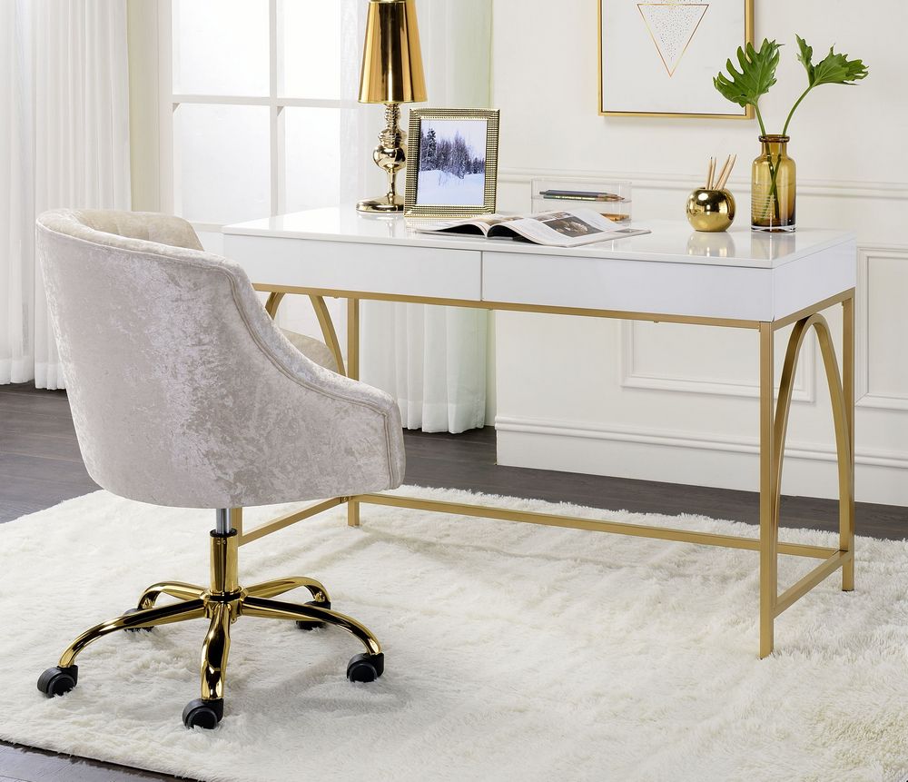 Lightmane White High Gloss Wood/gold Metal Writing Deskacme Within Well Known Aged White Finish Wood Writing Desks (View 13 of 15)