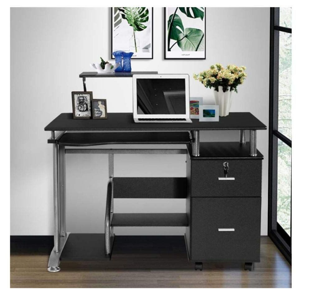 Matte Black Corner Desks With Keyboard Shelf Within Widely Used Gfdehg Black Wooden Computer Desk With Printer Shelf Construction Desk (View 3 of 15)
