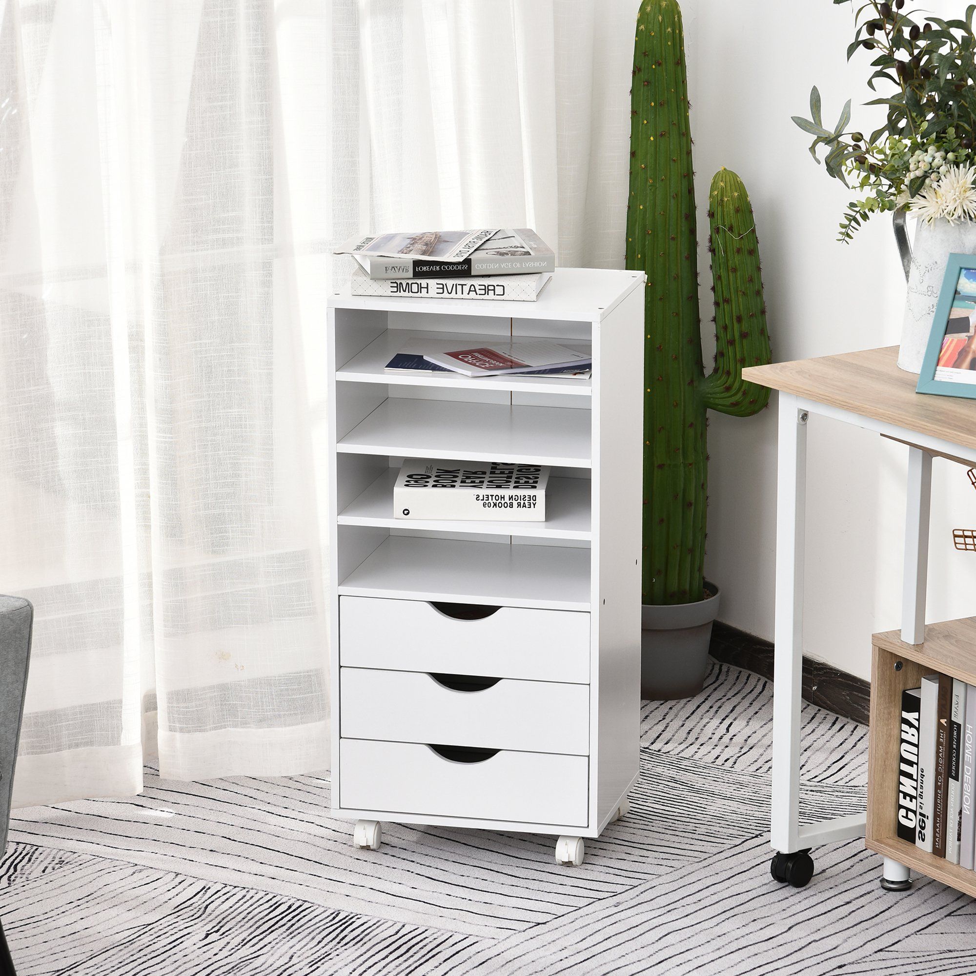 Matte White 3 Drawer Wood Desks Inside Widely Used Vinsetto 3 Drawers Wooden File Cabinet With 4 Caster Wheels 4 Open (View 13 of 15)