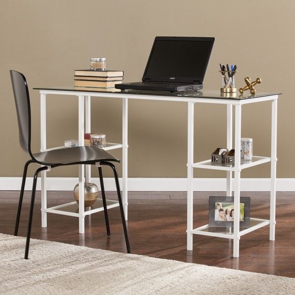 Metal And Glass Work Station Desks Intended For Most Recently Released Ashburne Metal/glass Writing Desk – White – Overstock –  (View 6 of 15)