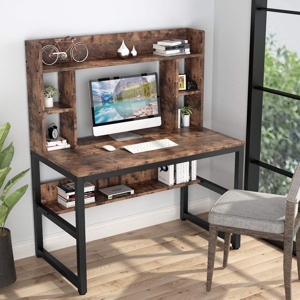 Modern Ashwood Office Writing Desks Intended For Current Tribesigns Modern Writing Desk With Storage Shelves Computer Desk With (View 7 of 15)
