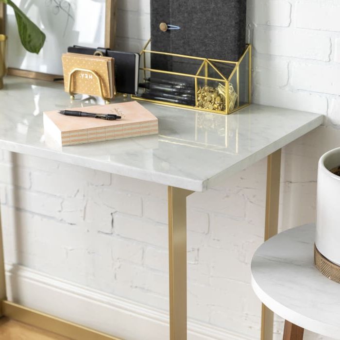 Modern Glam Faux White Marble And Gold Narrow Leg Writing Desk — Pier 1 Throughout Recent Gold And Wood Glam Modern Writing Desks (View 11 of 15)